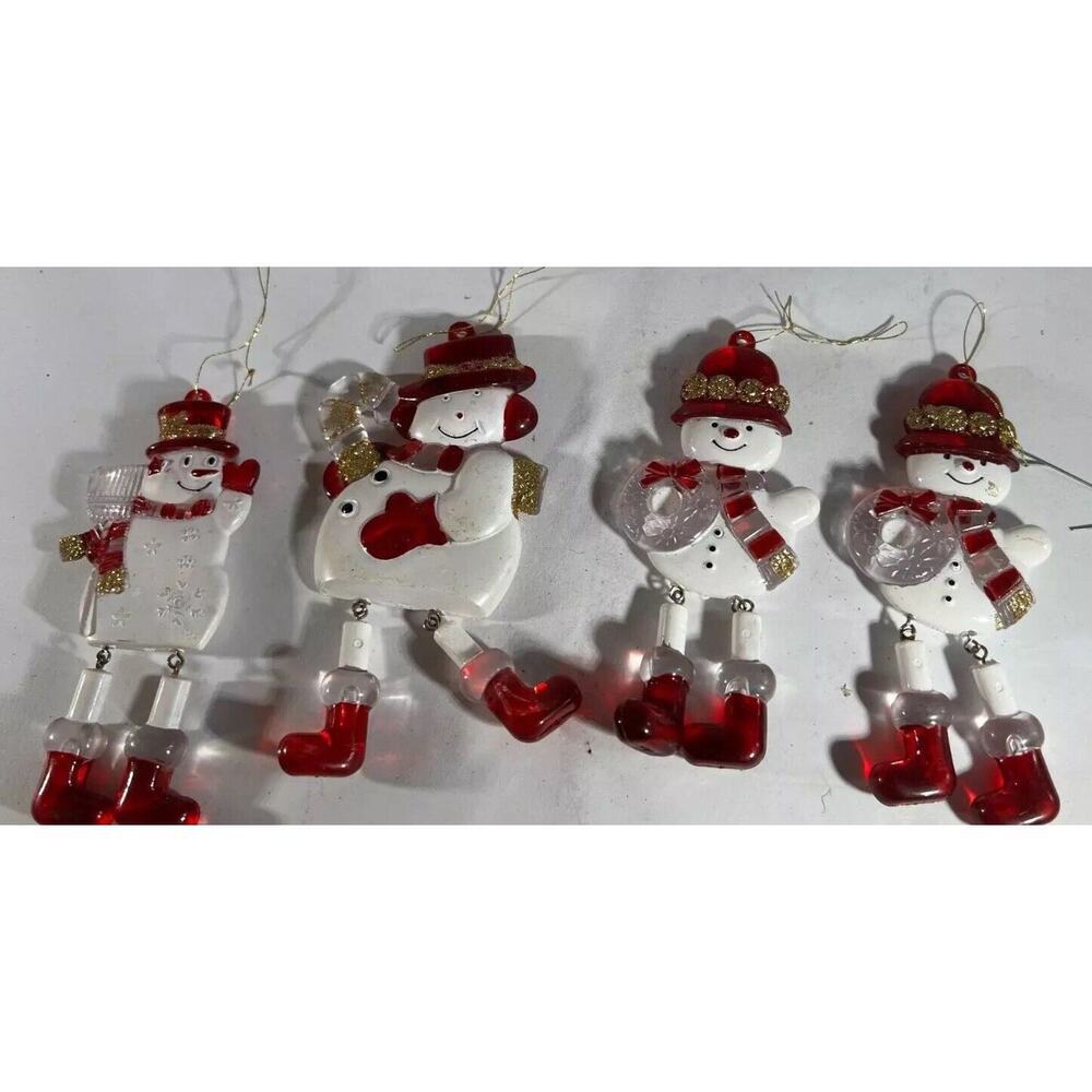 Vintage Christmas Ornaments Red White Snowman Hanging Dangling Dangle Legs Set 4